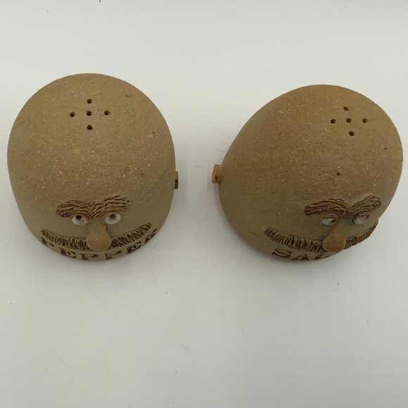1981 Signed Marion Schlauch Salt & Pepper Shakers Stoneware Men with Mustaches - Picture 2 of 9